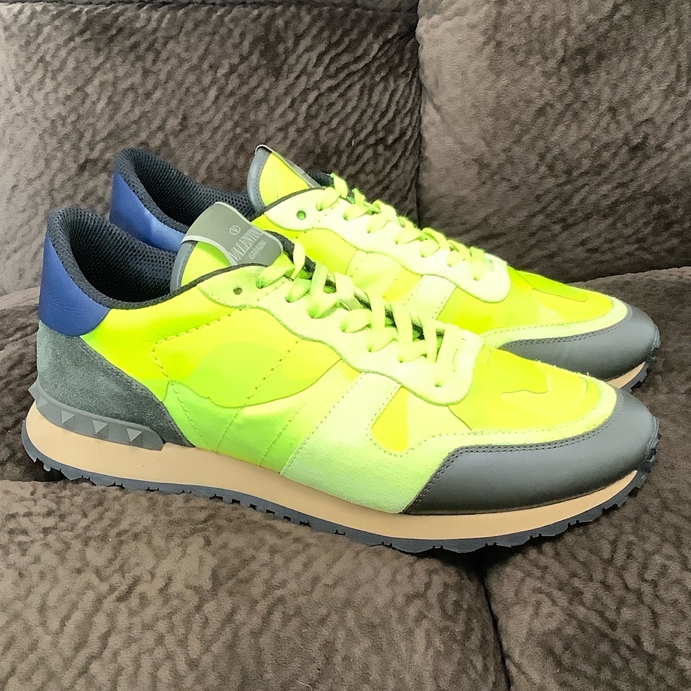 Valentino Garavani Neon Yellow and Gray Men's Rockrunner Sneakers, EU Size 43.5